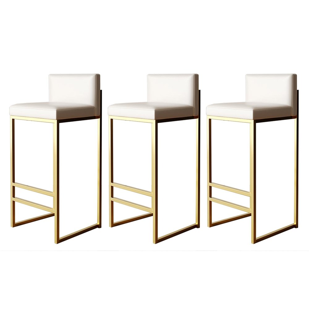 Lsoiup Counter Height Bar Stools Set of 3, Upholstered Barstools with Back, Armless Bar Chairs for Kitchen Island, PU Leather Seat, Black/Gold Metal Legs, Height 65cm, White