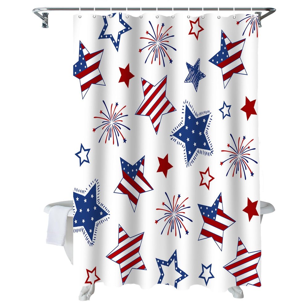ALAGEO 4th of July Patriotic Shower Curtains for Bathroom Decor Independence Day Fireworks USA Flag Star Red White and Blue Bath Curtains Sets with Hooks Waterproof Extra Long 72"x78"