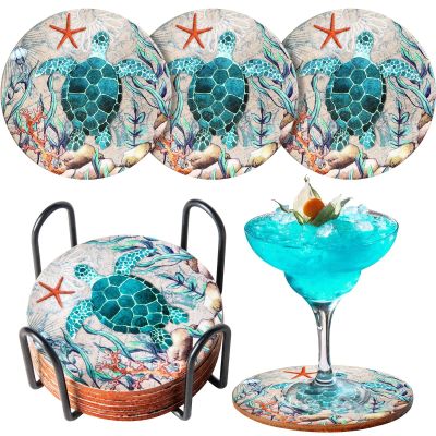 Coasters for Drinks Set of 6 Turtle Cork Base Coaster with Holder Sea Ocean Life Coastal Decor Beach Theme Tropical Thick Sturdy Cork Coasters for Housewarming Kitchen Bar Coffee Table Desk Gift