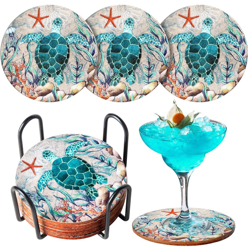 Coasters for Drinks Set of 6 Turtle Cork Base Coaster with Holder Sea Ocean Life Coastal Decor Beach Theme Tropical Thick Sturdy Cork Coasters for Housewarming Kitchen Bar Coffee Table Desk Gift