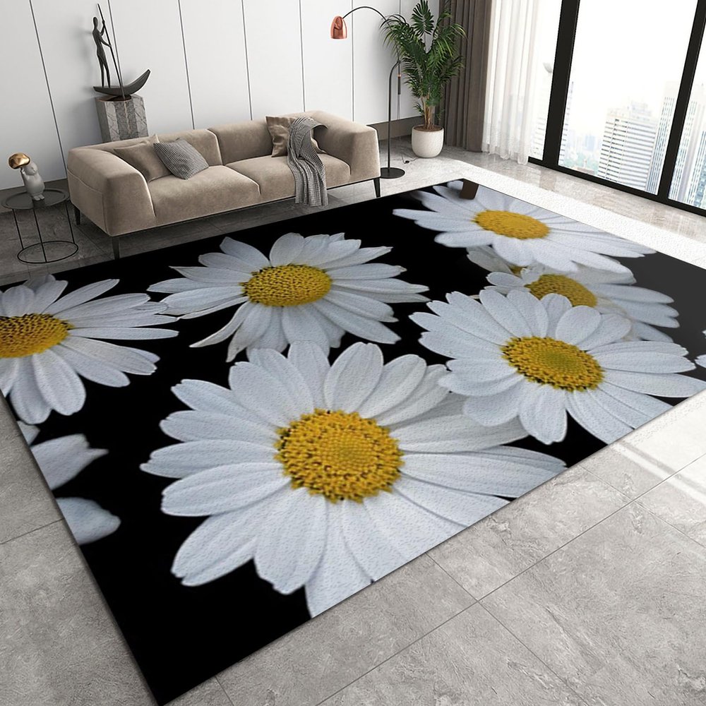 3x6 Runner Rugs Black Background with Plants Bedside Rug, Simple White Daisy Flowers Laundry Rug with Non Slip Backing for Bedroom Kitchen Sink Front Door Entryway Indoor