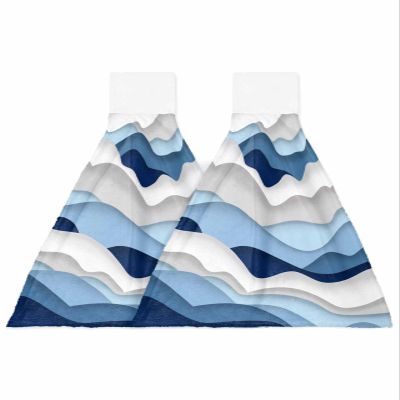 Ombre Stripes Blue Kitchen Hand Towels with Hanging Loops Set of 2 Super Soft Thick Oven Fingertip Dry Microfiber Tie Dish Towel Absorbent Cleaning Washcloth,Kitchen Geometric Grey White Coastal Waves