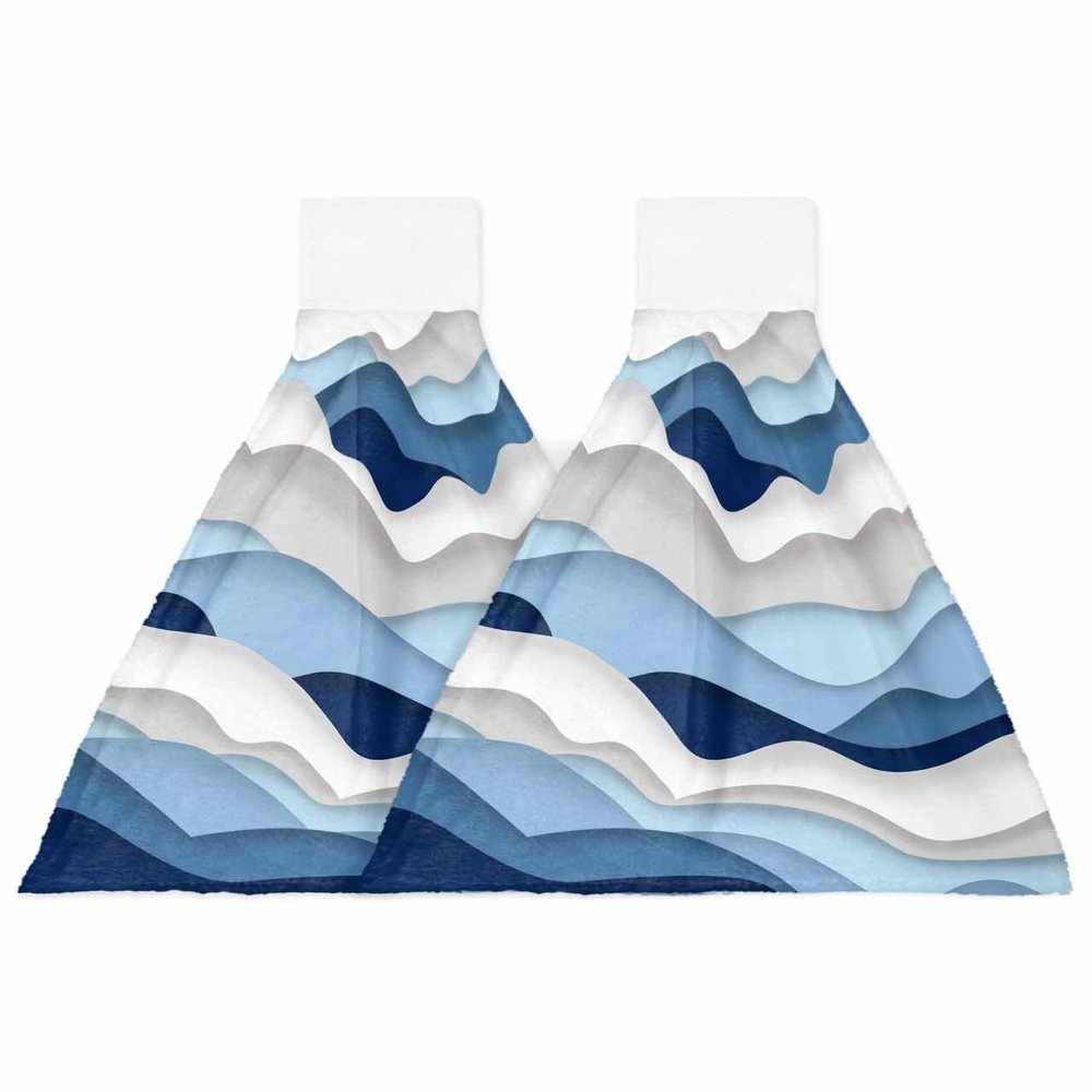 Ombre Stripes Blue Kitchen Hand Towels with Hanging Loops Set of 2 Super Soft Thick Oven Fingertip Dry Microfiber Tie Dish Towel Absorbent Cleaning Washcloth,Kitchen Geometric Grey White Coastal Waves