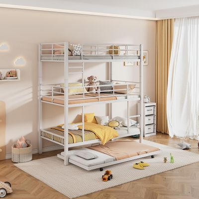 Triple Bunk Bed with Trundle Guardrail & Ladder Twin Size Metal, No Box Spring Needed, Easy Assemble