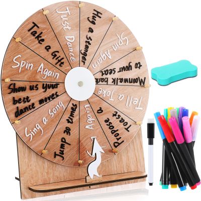 Memorywuu 11.4 Inch Spinning Wheel Erasable Raffle Spin the Wheel Game with Stand and Arrow Wooden Prize Tabletop Spinner Raffle Roulette for Wedding Family Bridal Party Baby Shower Games(Wood Color)