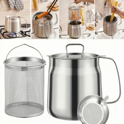 68oz 304 Stainless Steel Deep Fryer Pot with Basket & Strainer, Large Capacity Bacon Grease Container for Kitchen,Frying, Cooking, Camping,Oil Filter Container - Dishwasher Safe (68oz/2L/2.1Qt)