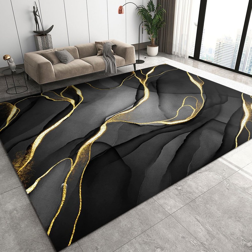 3x5 Area Rugs Black Abstract with Gold Texture Kids Play Rug, Light Luxury Art Throw Rugs Bedroom Soft for Coffee Shop Living Room Under Table Game Room