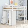 Full Loft Bed with Desk & Wardrobe, Solid Wood Loft Bed with 3 Storage Drawers and Shelves, High Loft Bed Frame with Storage Wardrobe for Kids Teens Adults, White view 4