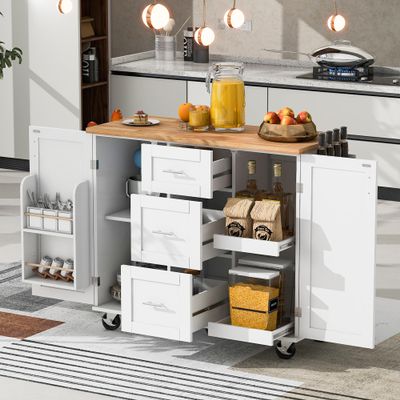 K&K Rolling Kitchen Island With Storage, Cart With Rubber Wood Top, 3 Drawer, 2 Slide-Out Shelf and Internal Storage Rack, on Wheels With Spice Rack & Tower Rack, White