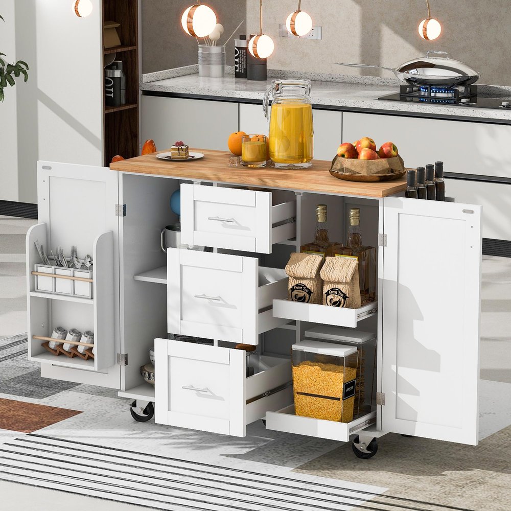 K&K Rolling Kitchen Island With Storage, Cart With Rubber Wood Top, 3 Drawer, 2 Slide-Out Shelf and Internal Storage Rack, on Wheels With Spice Rack & Tower Rack, White