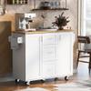 K&K Rolling Kitchen Island With Storage, Cart With Rubber Wood Top, 3 Drawer, 2 Slide-Out Shelf and Internal Storage Rack, on Wheels With Spice Rack & Tower Rack, White view 3