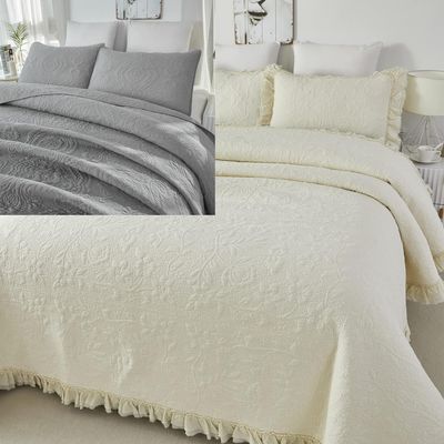 Brandream 6-Piece Cream White Quilt Set Queen Size Matelasse Bedding Cotton Ruffle Bedspread Farmhouse Comforter Set