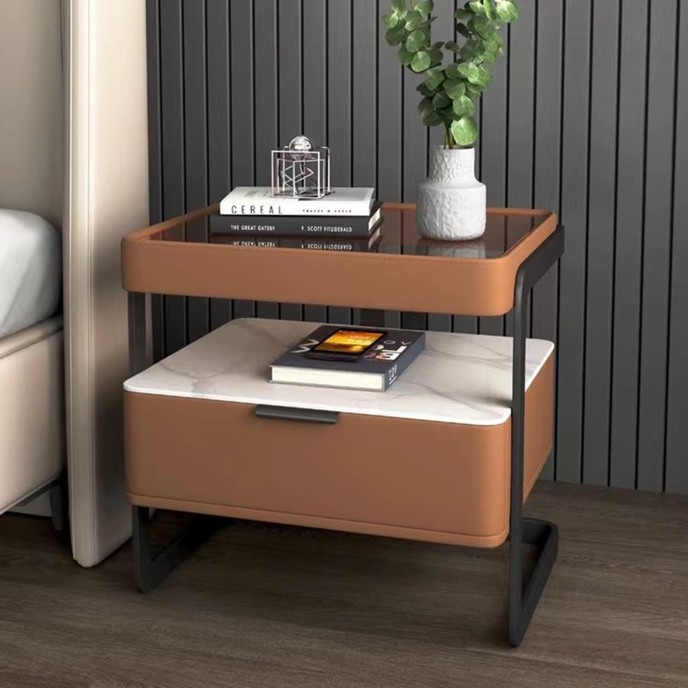 YVYKFZD Nightstand with Drawers, Wood Bedside Table, Tempered Glass Top Bed End Table, Save Space Storage Night Stand with Open Compartment, for Bedroom Living Room (Color : Light Brown 2ps)
