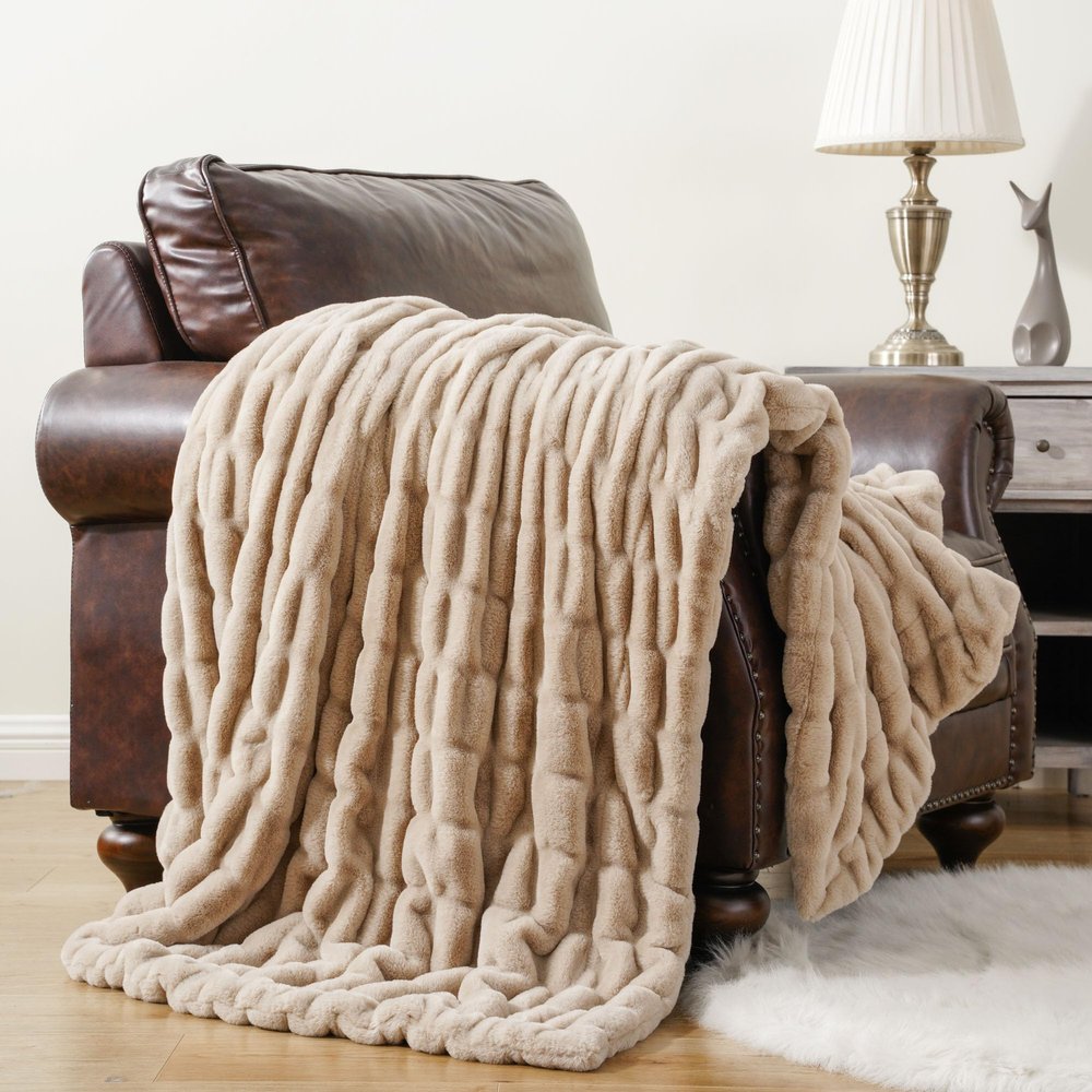 BATTILO HOME Beige Faux Fur Throw Blanket for Bed, Large Double Side Reversible Ruched Rabbit Fur Blanket for Couch, Living Room, Soft Warm Mink Cozy Blanket, 60x80 Inch
