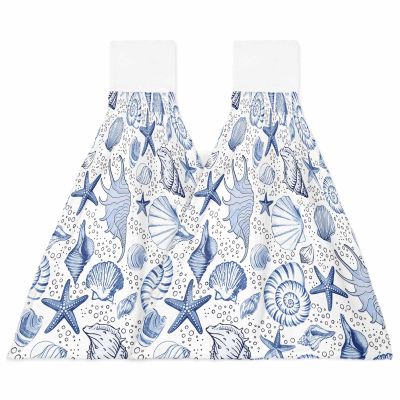 Starfish Seashells Kitchen Hand Towels with Hanging Loops Set of 2 Super Soft Thick Fingertip Dry Microfiber Tie Dish Towel Absorbent Cleaning Washcloth,Kitchen Blue Beach Boho Nautical Coastal Ocean