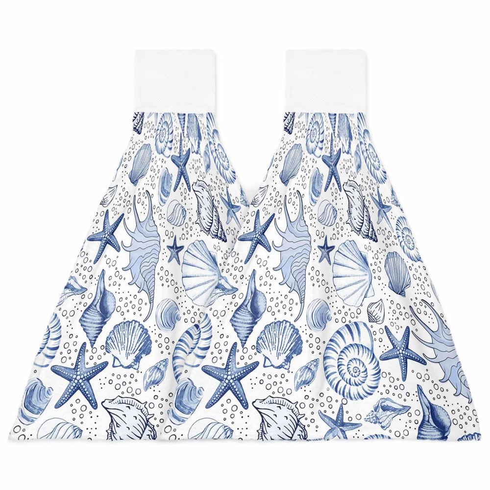 Starfish Seashells Kitchen Hand Towels with Hanging Loops Set of 2 Super Soft Thick Fingertip Dry Microfiber Tie Dish Towel Absorbent Cleaning Washcloth,Kitchen Blue Beach Boho Nautical Coastal Ocean