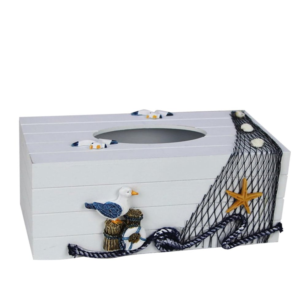 Amosfun Craft Tissue Box Mediterranean Pattern Wooden Material Storage Container Home Office Decor