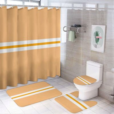 4pcs Shower Curtain Sets, Chic Light Orange White Yellow Horizontal Stripes Bathroom Sets with Shower Curtain, Bath Rug, U Shaped Contour Mat & Toilet Lid Cover