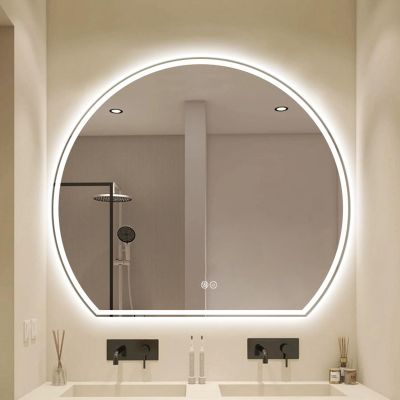 Snaweo Wall Mirror, Semicircle Frameless LED Bathroom Mirror, Illuminated Vanity Mirror, Mirror with Demister, Touch Switch, Memory Function, Adjustable Brightness (Color : Down, Size : 35.4"/90cm)