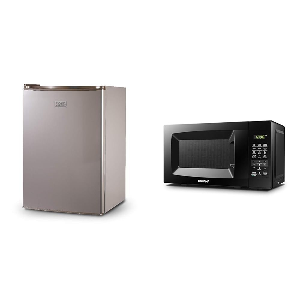 BLACK+DECKER BCRK25V Compact Refrigerator Energy Star Single Door Mini Fridge with Freezer & COMFEE' EM720CPL-PMB Countertop Microwave Oven with Sound On/Off