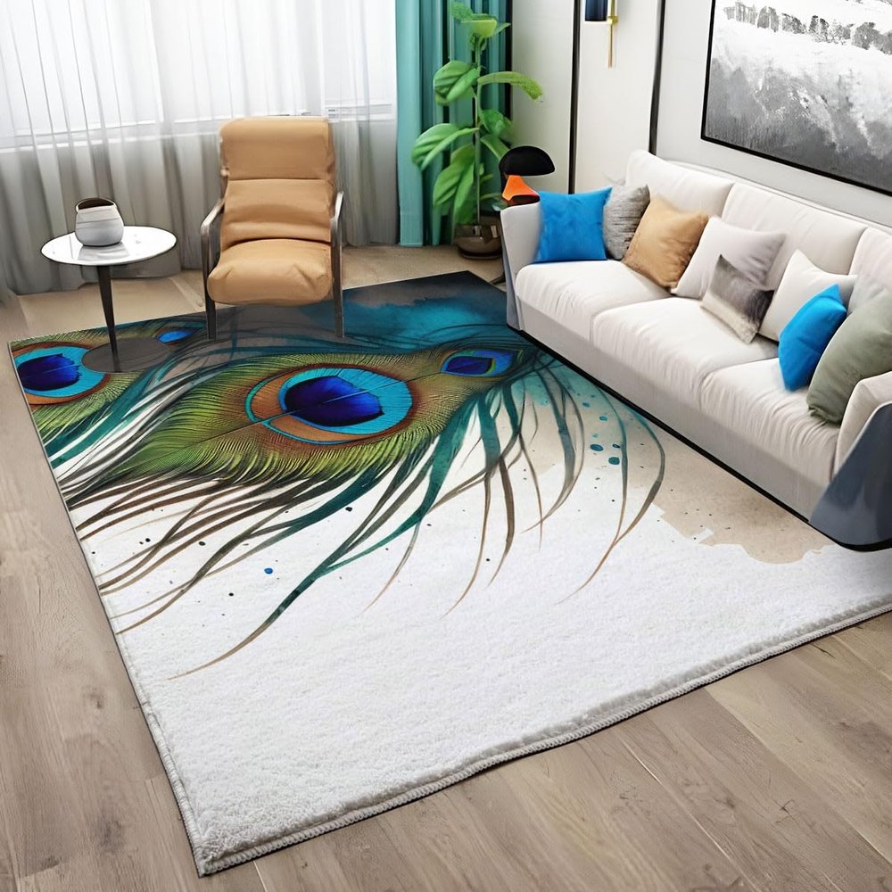 Area Rug for Living Room Peacock Feather Carpets, 3 x 5 ft Washable Rugs, White Print Low-Pile Non-Slip Rugs for Office Kitchen Entryway Decorative Carpets