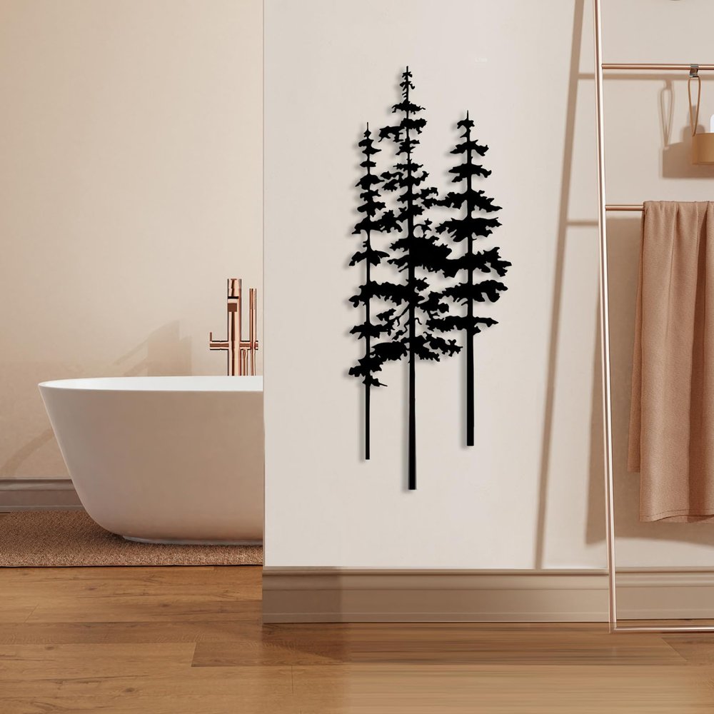 Metal Pine Tree Wall Art, Pine Tree Metal Decor Art, Metal Tree Wall Decor, Extra Large Tree Decor, Forest Metal Wall Art, Farmhouse Decor, Metal Wall Art for Living Room, Nature Lover Gift (35 x 13 inch | 90 x 34 cm, Black)
