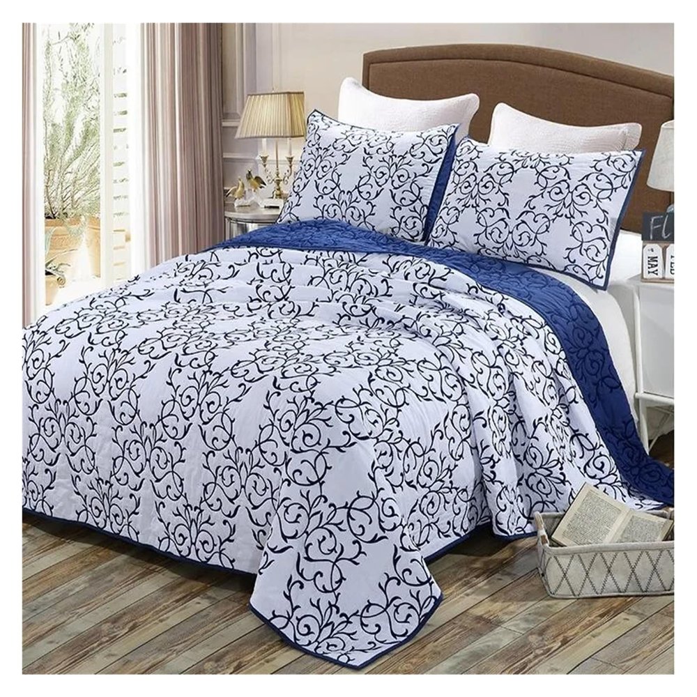 Zixmix Reversible 100% Cotton Quilted 3-Piece Beige/Blue Chic Embroidery Elegant Quilt Set with Pillow Shams Soft Bedspread&Coverlet,Bedding