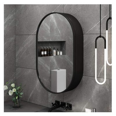 Medicine Cabinets Oval Bathroom Mirror Cabinet, Solid Wood Wall-Mounted Bathroom Medicine Cabinet Large Storage Organizer Space Saver for Bathroom, Kitchen, Bedroom ( Color : Black , Size : Without Li