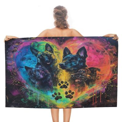 Brebasf Watercolor German Shepherd Dog Beach Towels Oversized Lightweight Soft,Cartoon Oil Painting Pet Dog Paws Heart Design Beach Towel Suitable for Bathroom Towels-51 L X31 W