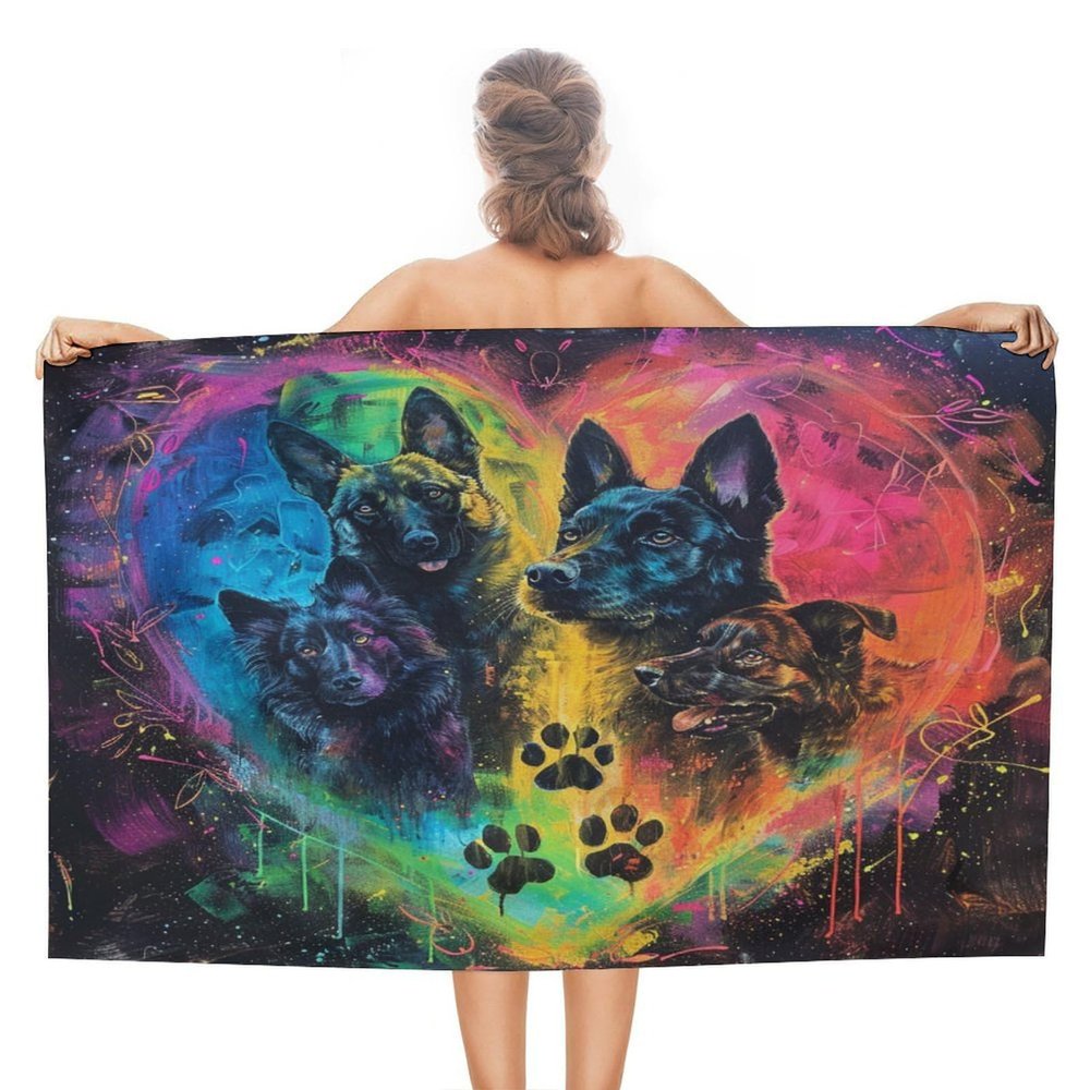 Brebasf Watercolor German Shepherd Dog Beach Towels Oversized Lightweight Soft,Cartoon Oil Painting Pet Dog Paws Heart Design Beach Towel Suitable for Bathroom Towels-51 L X31 W