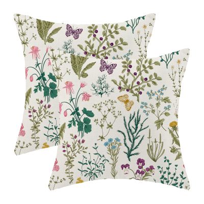 AEIOAE Spring Pillow Covers 20x20 Inch Set of 2,Sage Green Teal Wild Flower Plant Throw Pillows Case,Seasonal Floral Outdoor Decorative Linen Farmhouse Decor Cushion Covers for Home Sofa Bed Couch