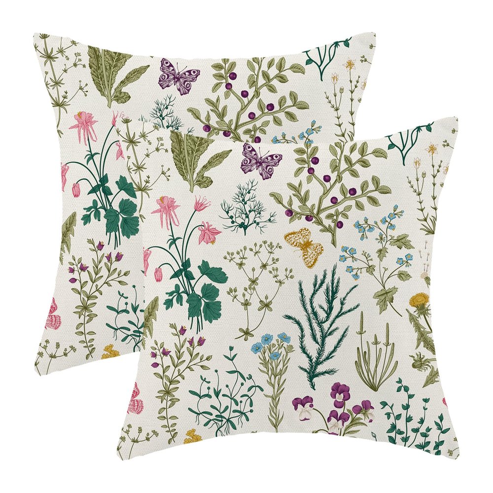 AEIOAE Spring Pillow Covers 20x20 Inch Set of 2,Sage Green Teal Wild Flower Plant Throw Pillows Case,Seasonal Floral Outdoor Decorative Linen Farmhouse Decor Cushion Covers for Home Sofa Bed Couch