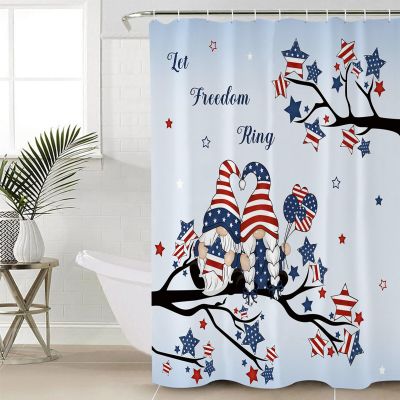 ZOE STORE Shower Curtains for Bathroom Accessories, 4th of July Polyester Fabric Bathtub Curtain with 12 Hooks, Independence Day Blue Ombre Gnomes American Star Waterproof Shower Curtains 36 x 78 in