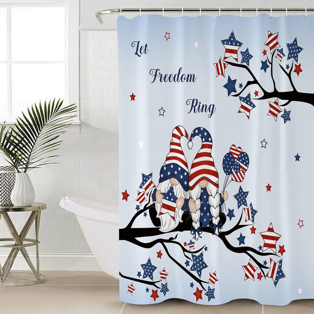 ZOE STORE Shower Curtains for Bathroom Accessories, 4th of July Polyester Fabric Bathtub Curtain with 12 Hooks, Independence Day Blue Ombre Gnomes American Star Waterproof Shower Curtains 36 x 78 in