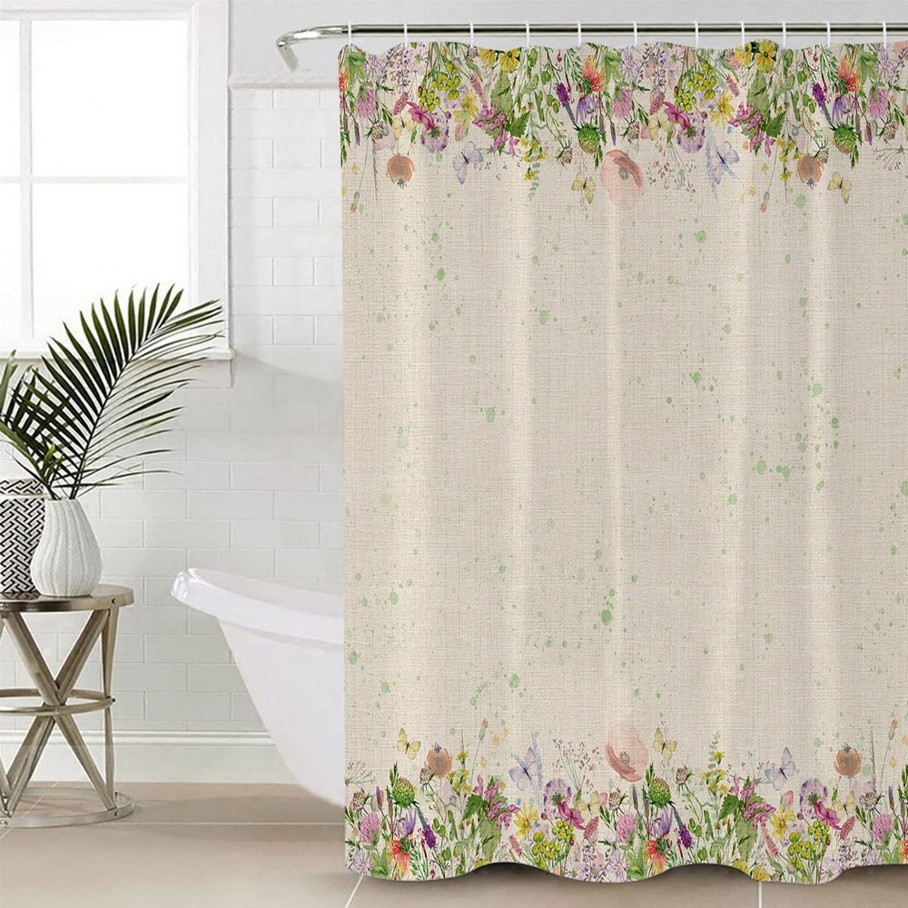 ZOE STORE Shower Curtains for Bathroom Accessories, Spring Floral Polyester Fabric Bathtub Curtain with 12 Hooks, Summer Flower Botanical Rustic Burlap Waterproof Shower Curtains 72 x 84 Inches