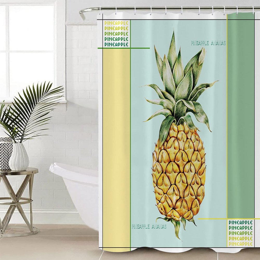 ZOE STORE Shower Curtains for Bathroom Accessories, Summer Pineapple Polyester Fabric Bathtub Curtain with 12 Hooks, Yellow Blue Green Striped Geometric Waterproof Shower Curtains 36 x 72 Inches