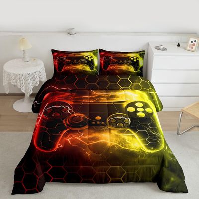 Feelyou Kids Boys Red Yellow Gamer Comforter Full Size, Honeycomb Gaming Comforter Set for Lightning Gamer Bedding Set Game Duvet Set Bed Set Room Decor Quilt Set Bedding Collection