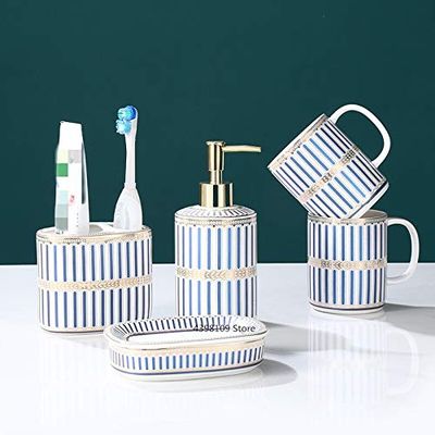 Bathroom Supplies Creative Striped Ceramic Toothbrush Holder Soap Dispenser Bathroom Decoration Accessories (Color : Orange, Size : Free) (E Blue Free) (E Blue Free)