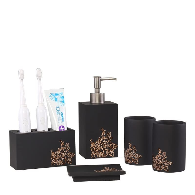 Five-Piece Bathroom Set Golden Peony Carving Bathroom Supplies Wash Set Ceramic Toothbrush Holder Mouthwash Cup Lotion Bottle