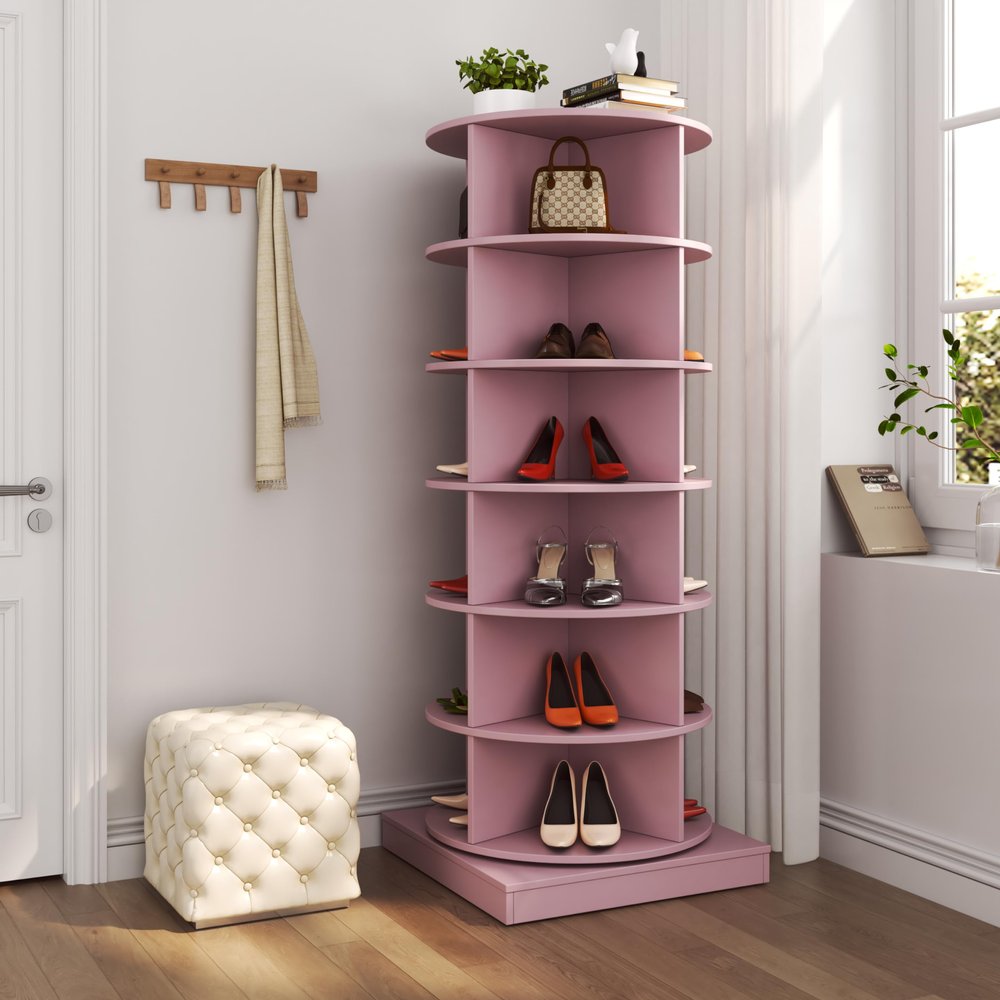 Gnrolaz 360 Rotating Shoe Tower, 7-Tier Vertical Corner Tower, Free Standing Spinning Rack - Holds 28 Pairs of Shoes for Entryway, Living Room, Hallway (Pink)