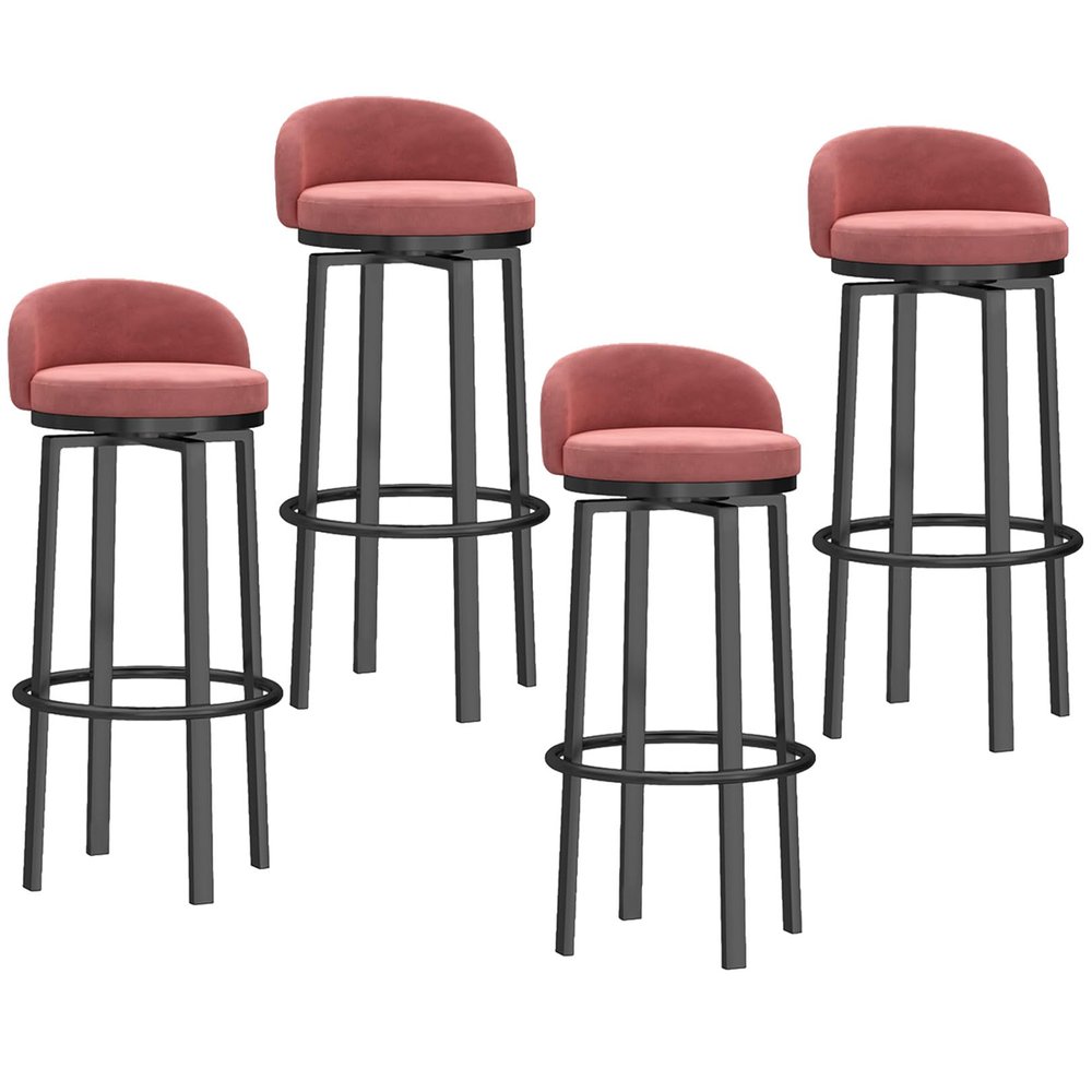 Guyifuny Velvet Upholstered Stool with Black Metal Frame, Modern Counter Height Bar Stools Set of 4, 25.6 Inch Kitchen Island Stool for Home,Pink