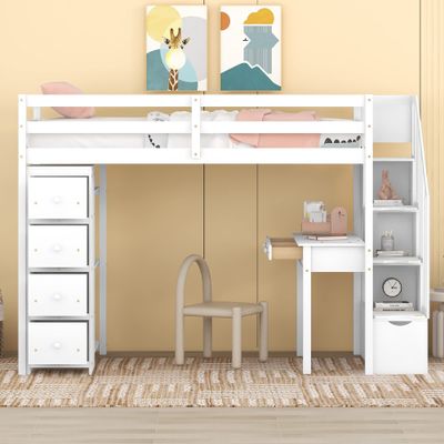 Jintop Twin Size Loft Bed with 4 Storage Drawers and Desk,Bedroom Wooden Bed Frame W/Shelves & Stairs,No Box Spring Required,Slat Support,for Kid Boy Girl,White