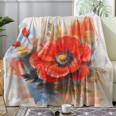 zcwl Poppy Blanket Queen Size, Red Floral Fleece Throw Blanket for Couch Bed Sofa, Watercolor Flower Patterned Blankets and Throws, Super Soft Cozy Plush Flannel Blanket, 90x90, Decor & Gift