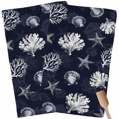 Abstract Coral Kitchen Towels,Absorbent Microfiber Kitchen Dish Hand Tea Bath Towel,Quick Dry Cleaning Cloth Dishclothes Decorative Sets, Minimalist Geometric Starfish Conch Navy (2-PC, 18x28)