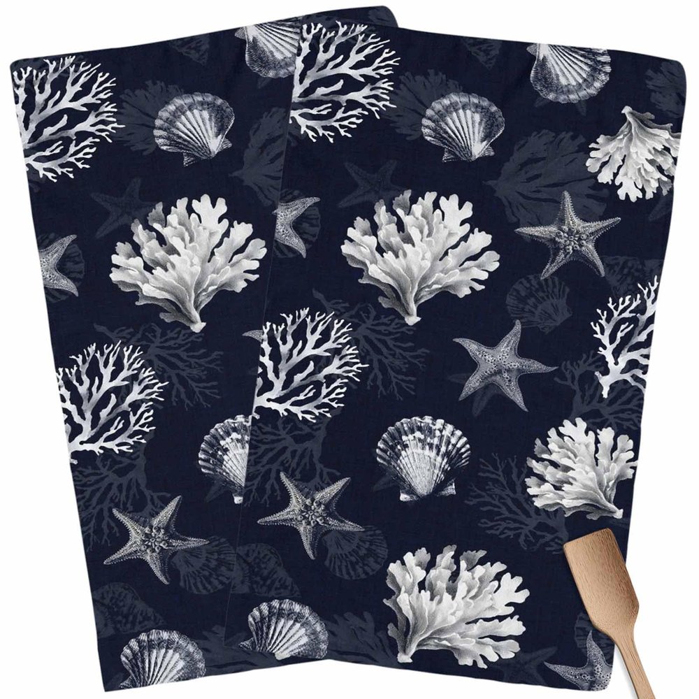 Abstract Coral Kitchen Towels,Absorbent Microfiber Kitchen Dish Hand Tea Bath Towel,Quick Dry Cleaning Cloth Dishclothes Decorative Sets, Minimalist Geometric Starfish Conch Navy (2-PC, 18x28)