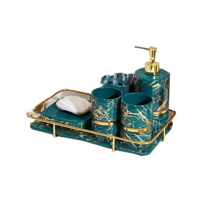 Bathroom Vanity countertop Set Bathroom Accessories Set Ceramic Toothbrush Holder Bathroom Decoration Toothpaste Dispenser Golden Marble Tray Suitable for Family Hotel Bathroom (Color : Green)