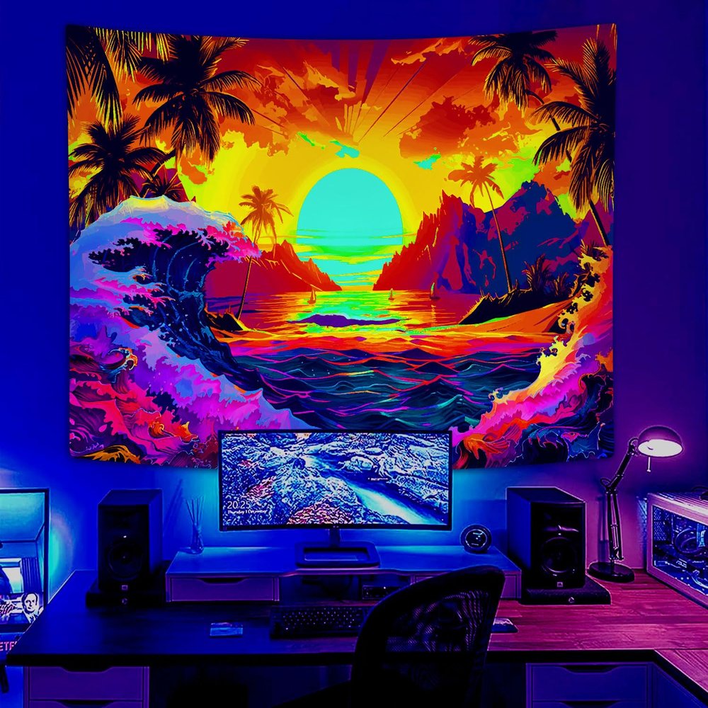 MDUKOIN Blacklight Sea Tapestry, Ultraviolet UV Tapestries - Beach Sunset Ocean Wave Themes, Bedroom Aesthetic 60x40in