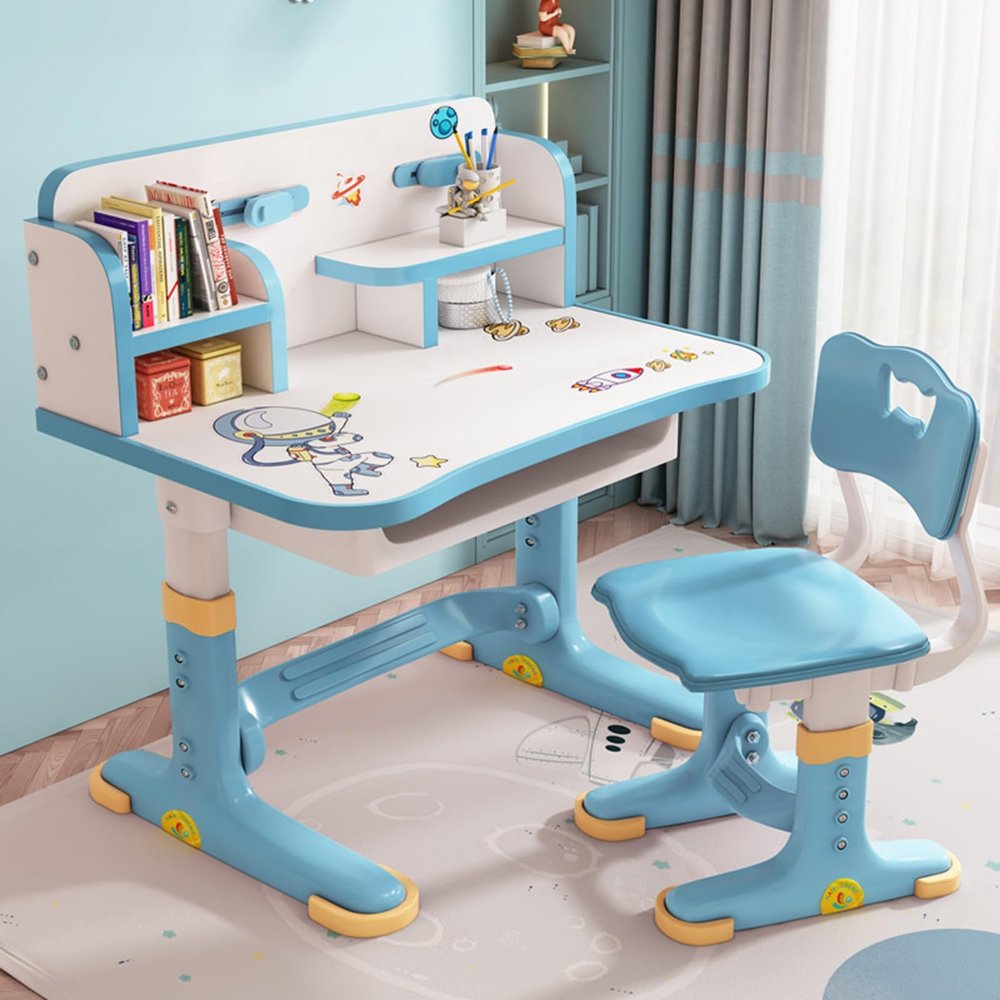 Washranp Kids Functional Desk and Chair Set,Children Learning Desk,Cartoon Pattern,Height Adjustable Height Study Table with Drawer,Desk for Kids with Tiltable Desktop,Storage Drawer for Boys Girls
