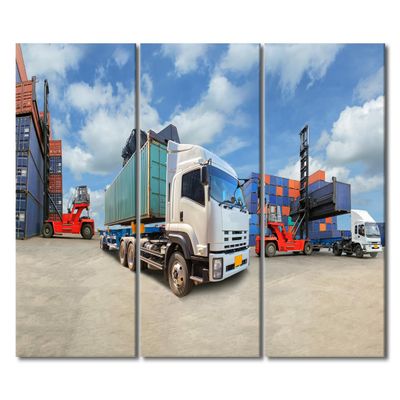 3 Panels Shipping Container Wall Art Truck with Industrial Container Cargo for Logistic Import Export Business Posters Print on Canvas for Living Room Bedroom Wall Decoration, 60" Wx40 H