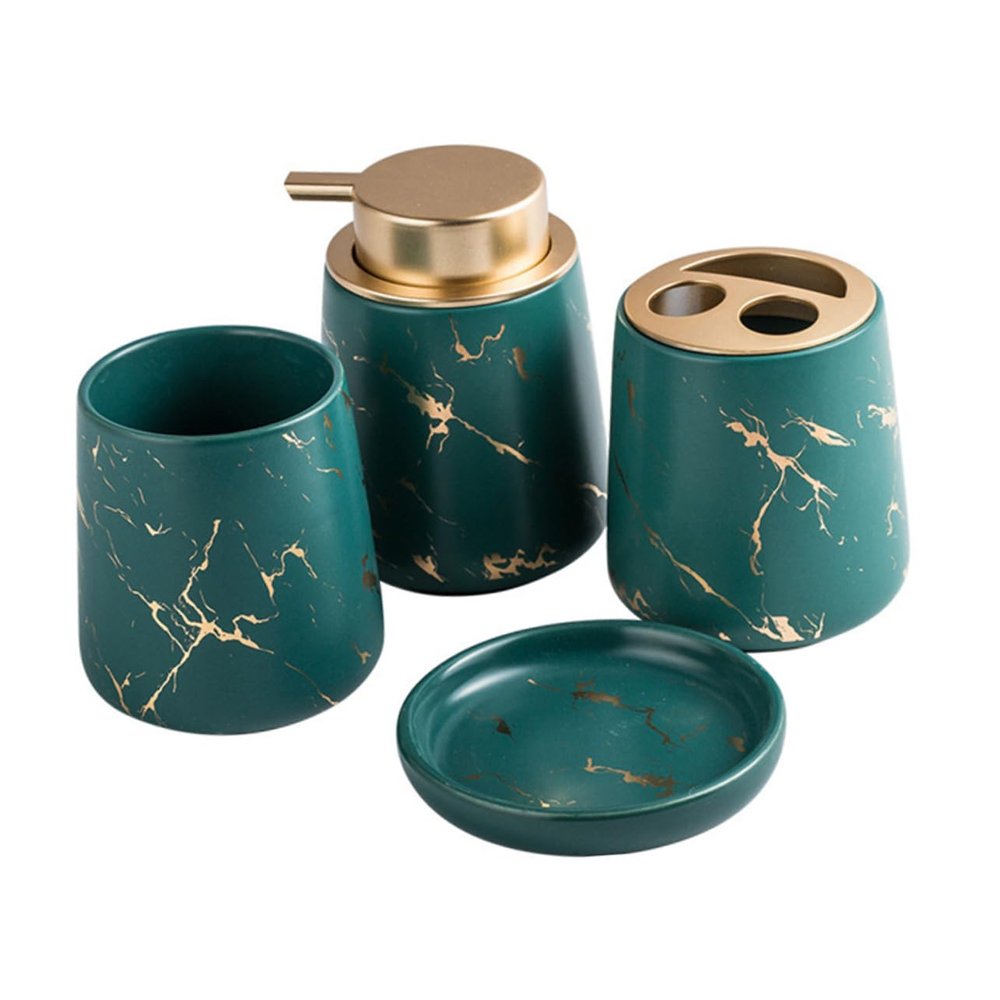 PRETYZOOM Bathroom Accessory Set Dark Green Ceramic Toothbrush Holder Toothpaste Cup Soap Dish Lotion Bottle for Elegant Bathroom Organization